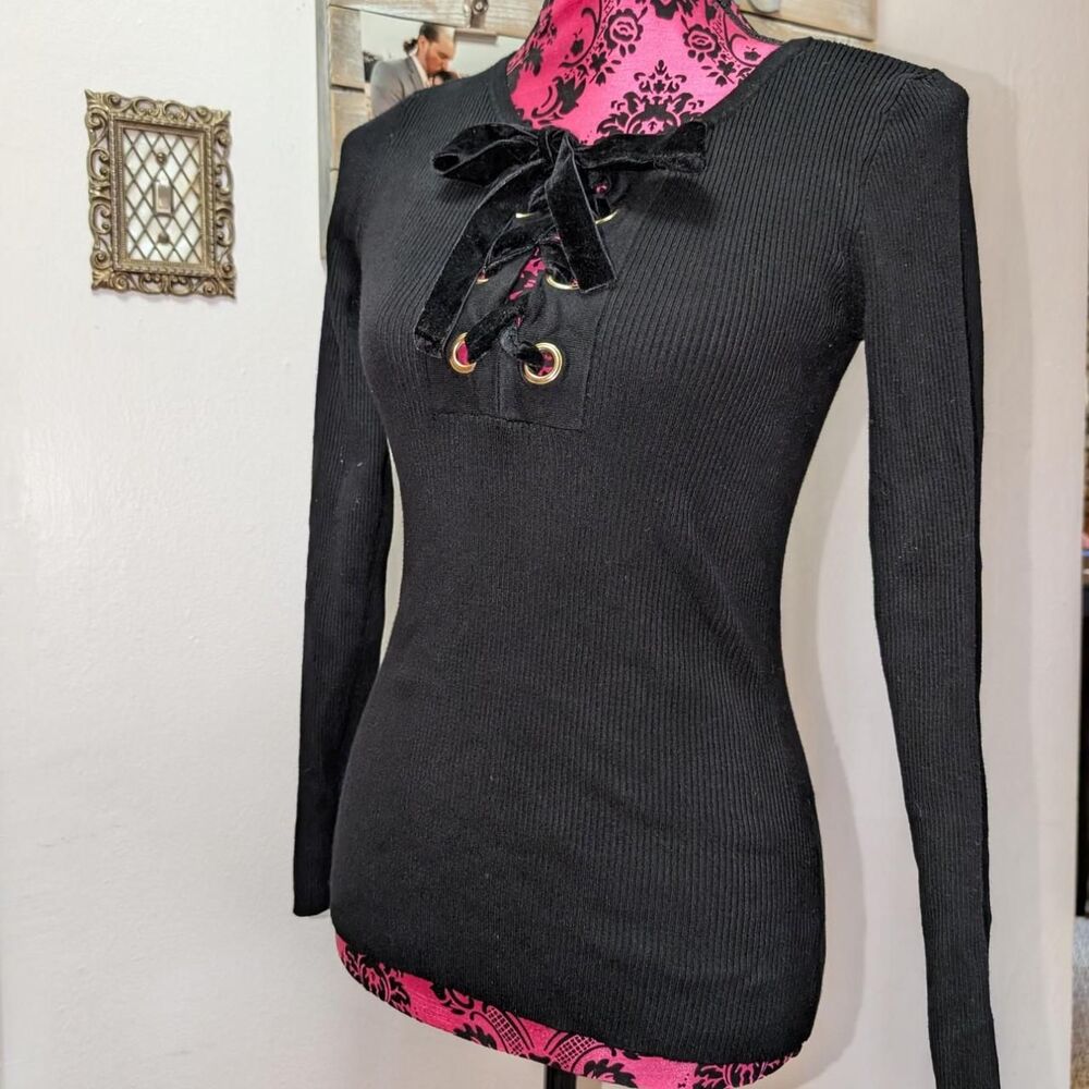 Inc-international-concepts Women's Black and Gold lace up front sweater